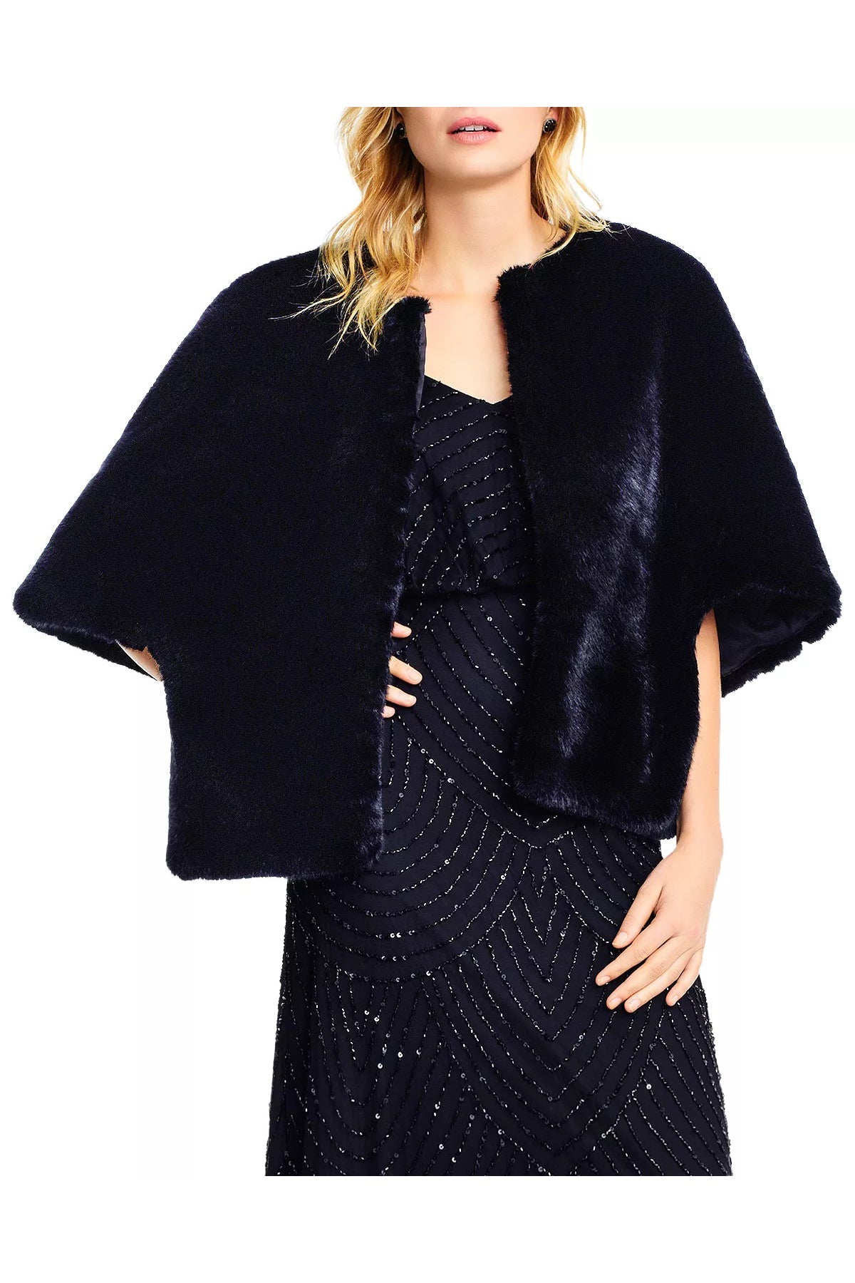Adrianna Papell Crew Neck Open Front Cape Sleeve Faux Fur Jacket