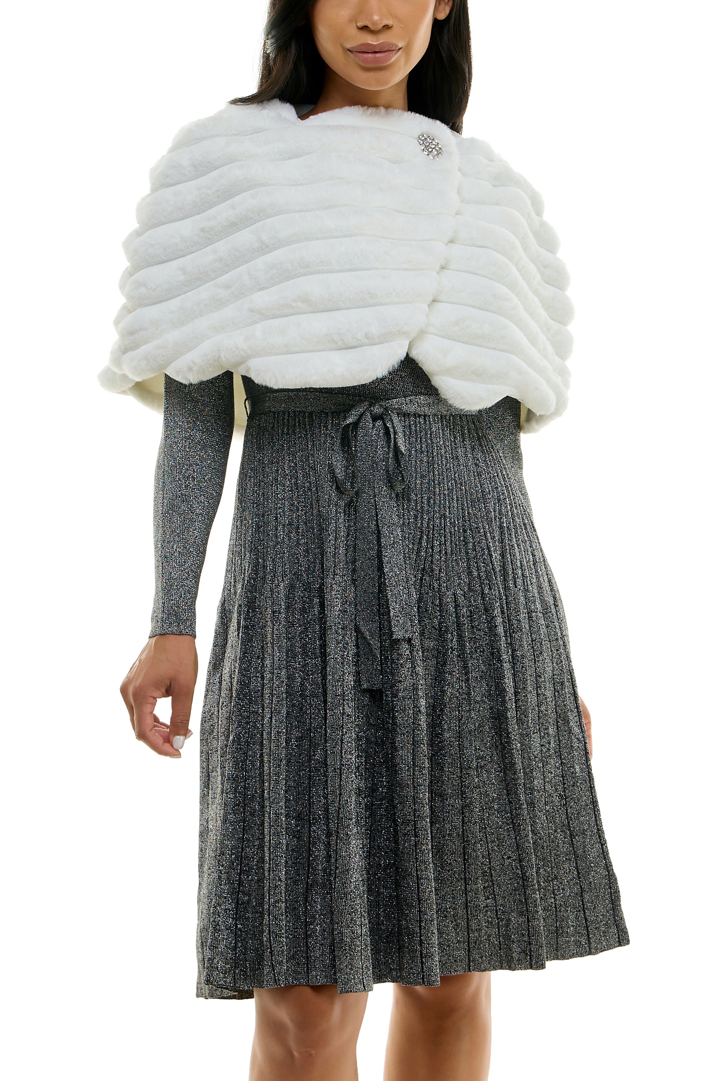 Nina Leonard Wrap Over Faux Fur Capelet and Crystal Closure