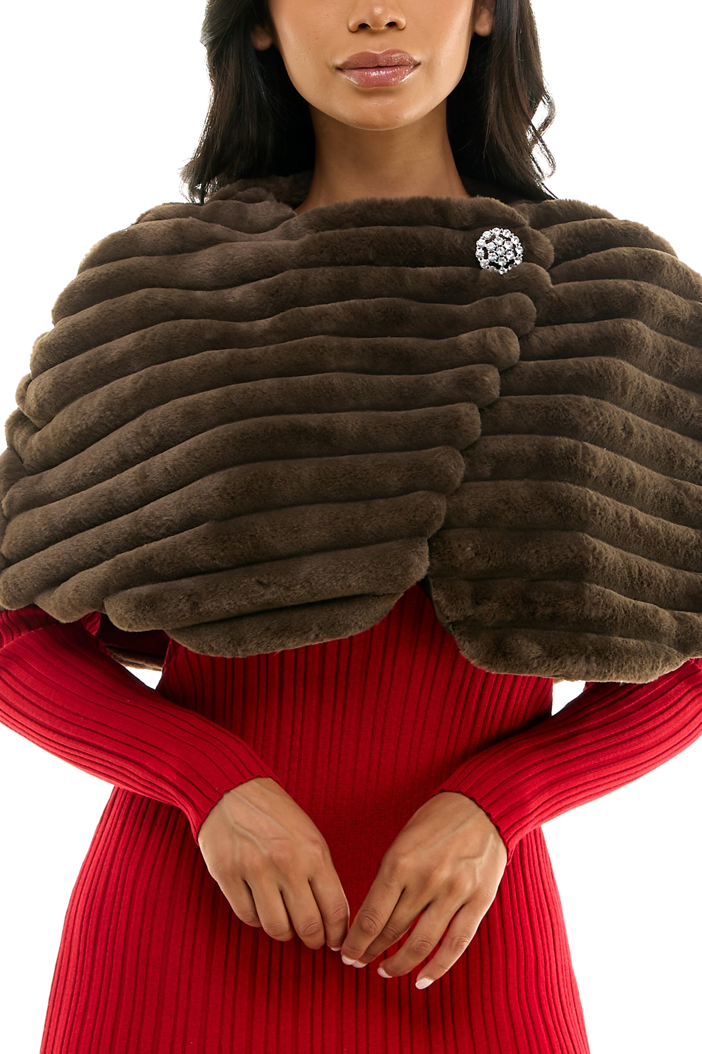 Nina Leonard Wrap Over Faux Fur Capelet and Crystal Closure